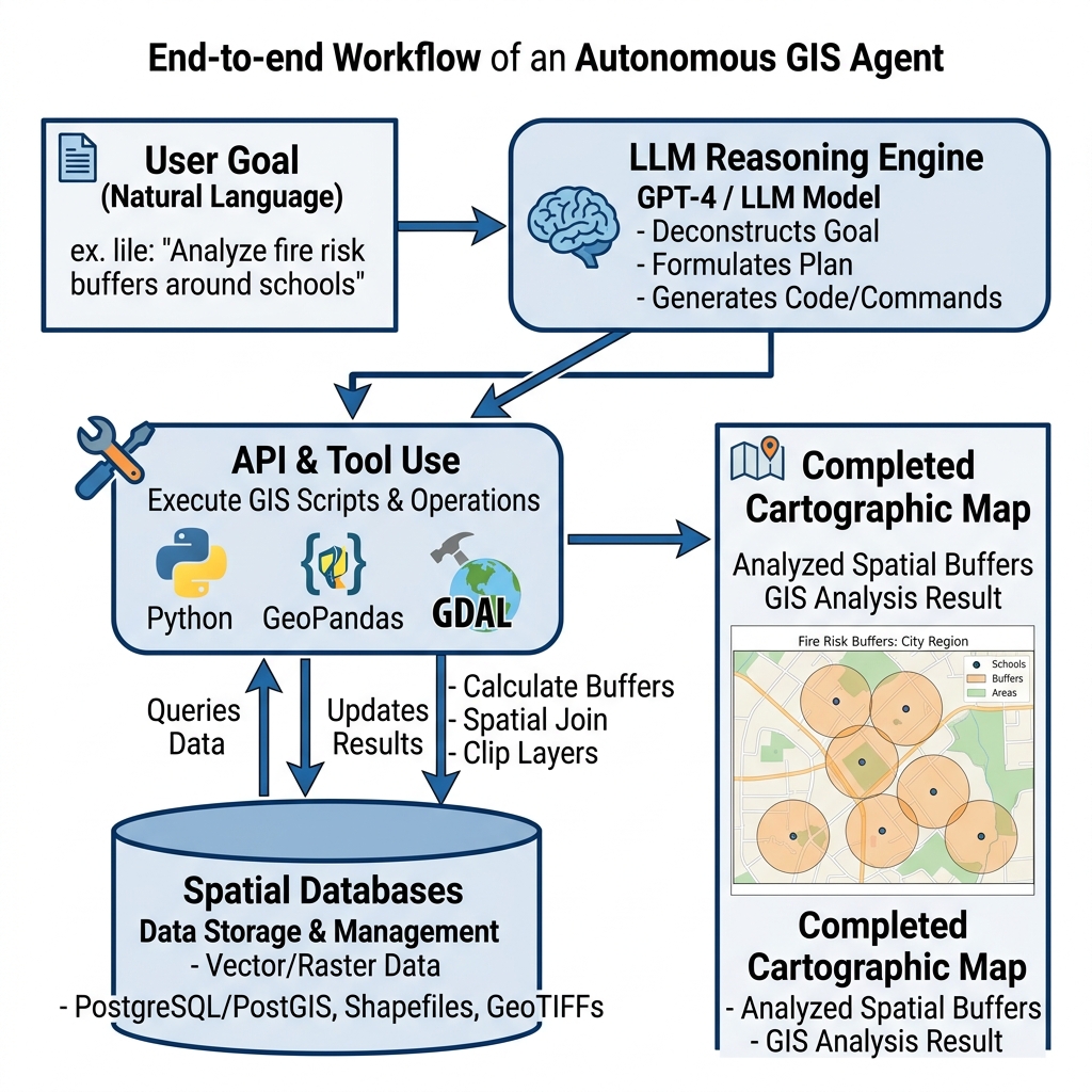 Autonomous GIS Agent reasoning and tool execution flowchart