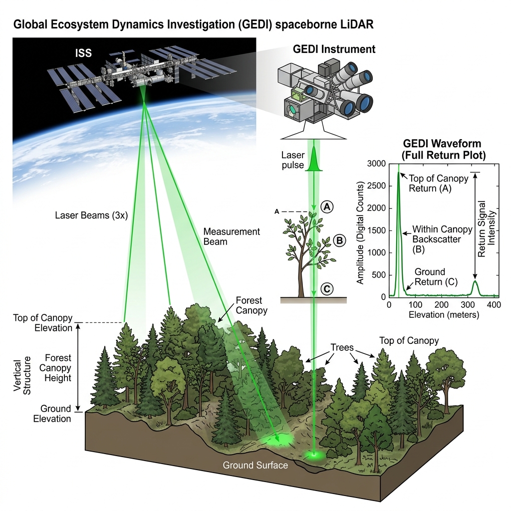 GEDI LiDAR scanning forest canopy