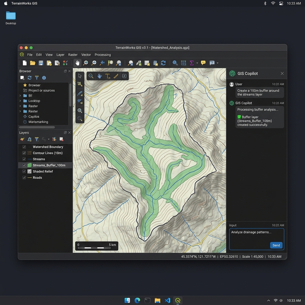 GIS Copilot sidebar in QGIS desktop interface buffer execution